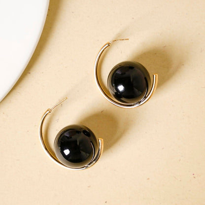 Gold And Black Semi Hoop Earrings With Beads