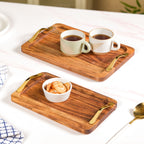 Rectangle Wooden Serving Tray With Gold Handles Set Of 2