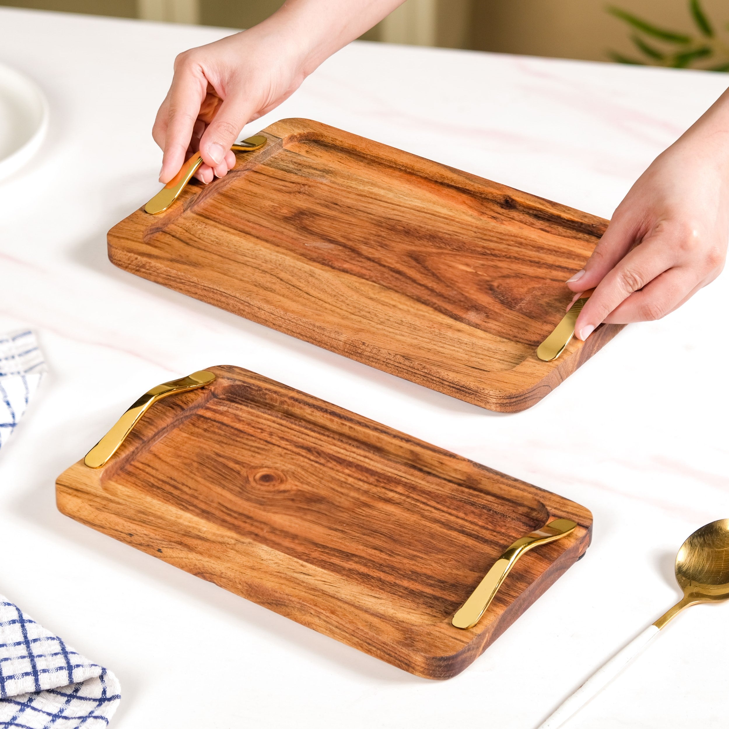 Rectangle Wooden Serving Tray With Gold Handles Set Of 2