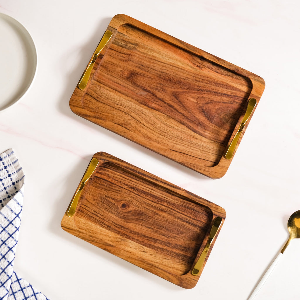Rectangle Wooden Serving Tray With Gold Handles Set Of 2