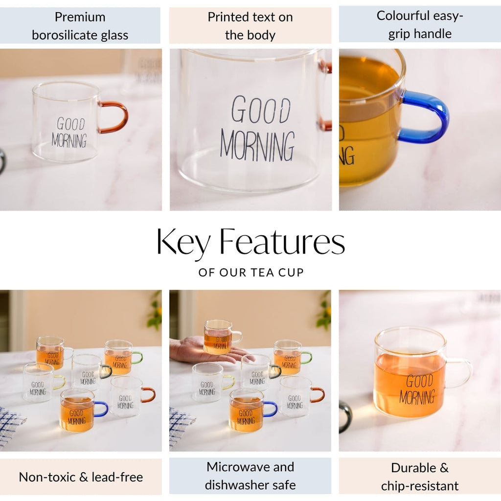 Good Morning Assorted Multicolour Handle Tea Cups Set Of 6 130ml