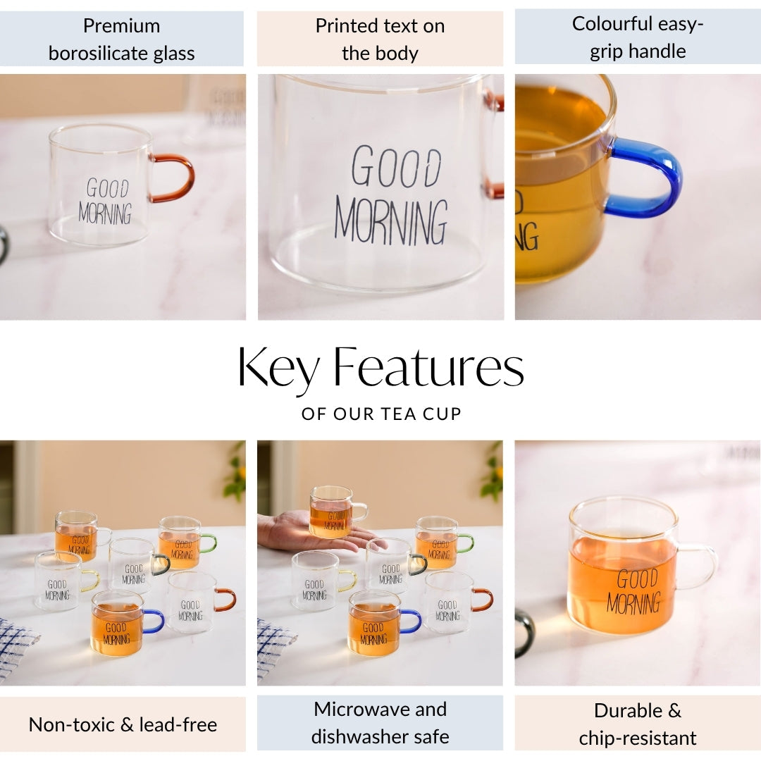 Good Morning Assorted Multicolour Handle Tea Cups Set Of 6 130ml