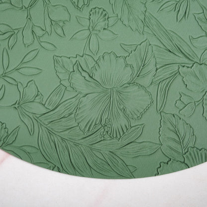 Green Embossed Hibiscus Round Placemats Set Of 6