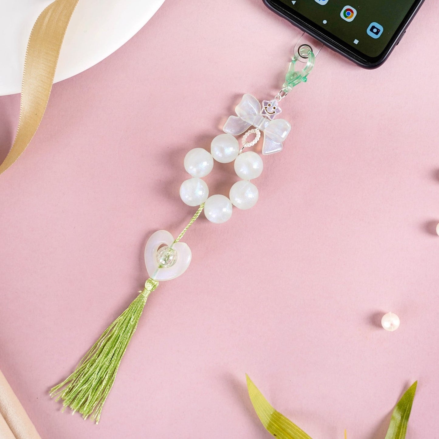 Green Tassel Heart Charm Keychain