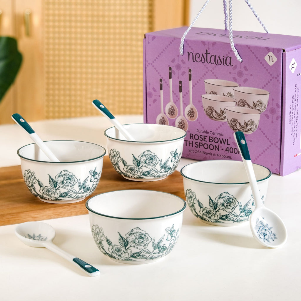 Ceramic Rose Bowl With Spoon Set Of 4 Green White 400ml