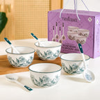 Ceramic Rose Bowl With Spoon Set Of 4 Green White 400ml