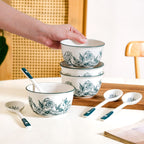 Ceramic Rose Bowl With Spoon Set Of 4 Green White 400ml