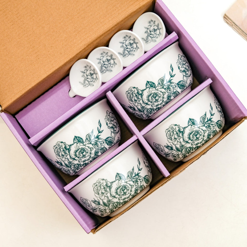 Ceramic Rose Bowl With Spoon Set Of 4 Green White 400ml