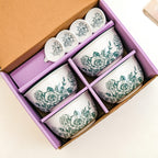 Ceramic Rose Bowl With Spoon Set Of 4 Green White 400ml