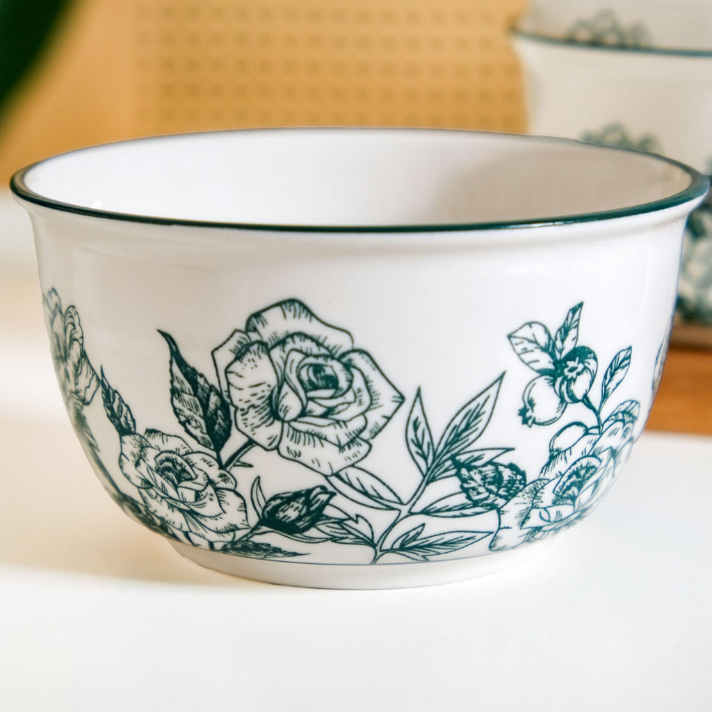Ceramic Rose Bowl With Spoon Set Of 4 Green White 400ml