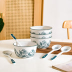 Ceramic Rose Bowl With Spoon Set Of 4 Green White 400ml