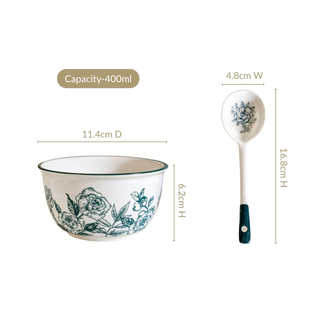 Ceramic Rose Bowl With Spoon Set Of 4 Green White 400ml