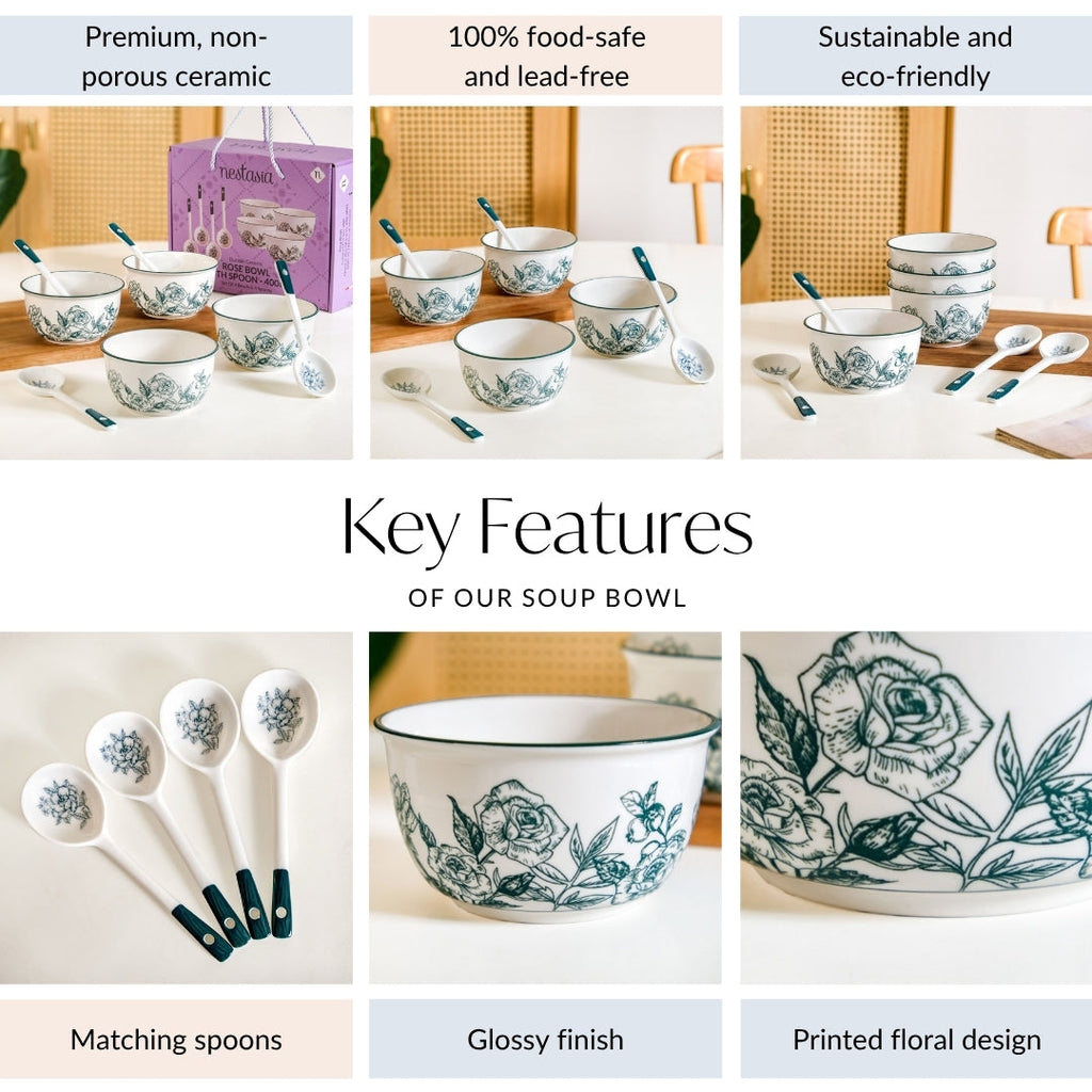 Ceramic Rose Bowl With Spoon Set Of 4 Green White 400ml