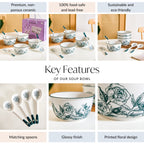 Ceramic Rose Bowl With Spoon Set Of 4 Green White 400ml