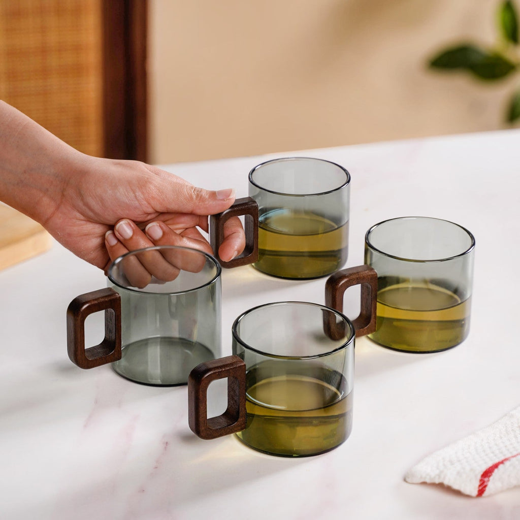Grey Fusion Cups With Wooden Handle Set Of 4 200ml