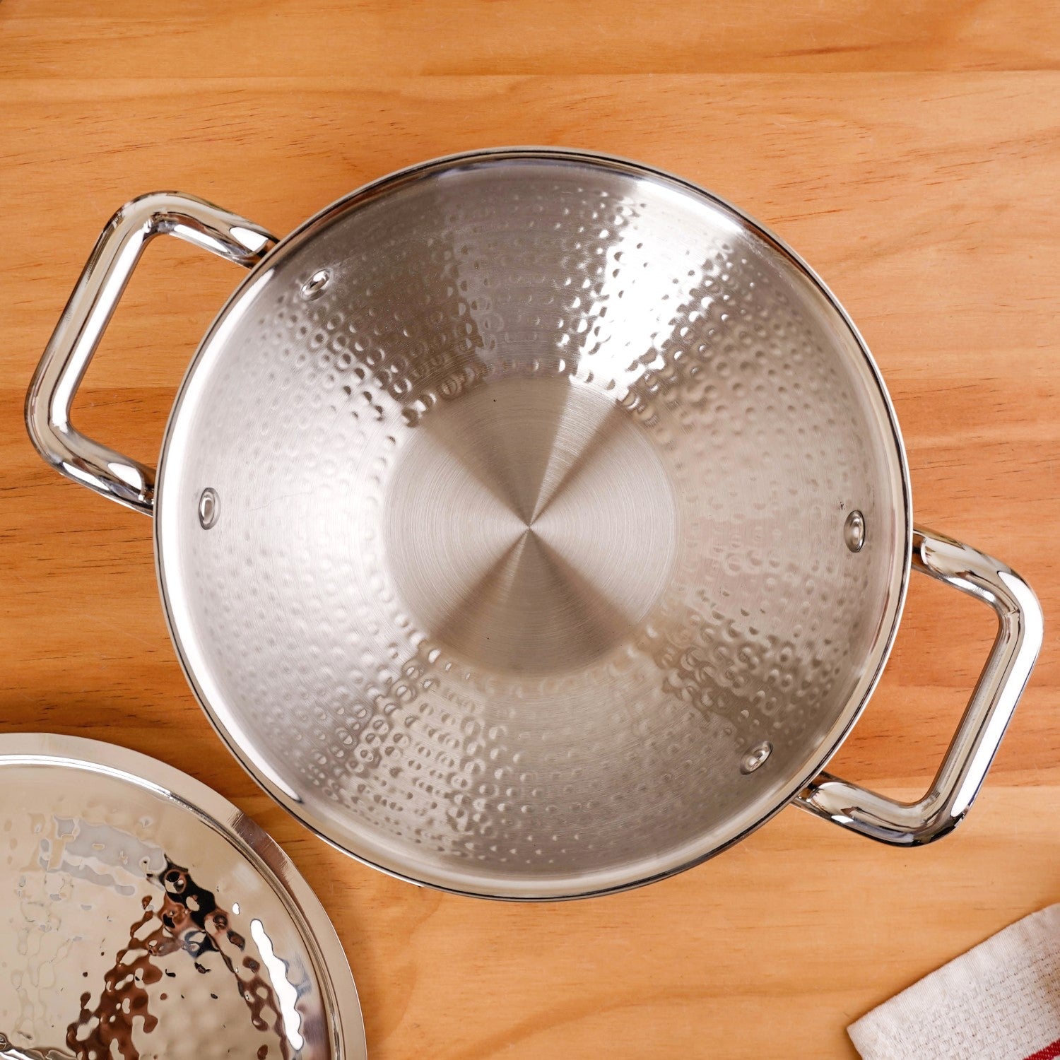 Hammered Stainless Steel Kadai With Lid Tri-Ply 3500ml