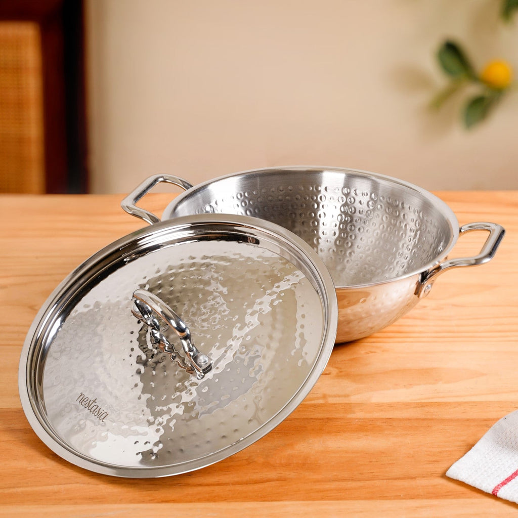 Hammered Stainless Steel Kadai With Lid Tri-Ply 3500ml