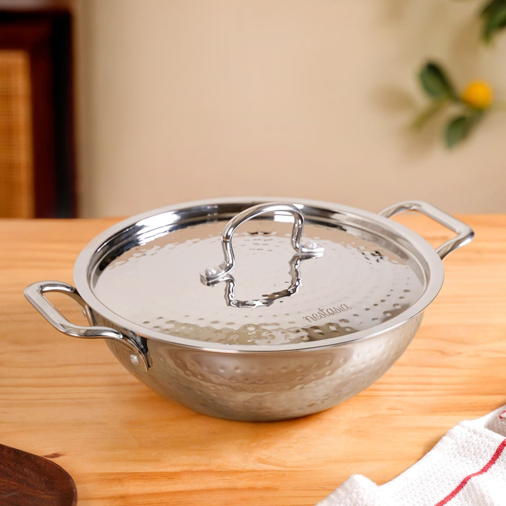 Hammered Stainless Steel Kadai With Lid Tri-Ply 3500ml