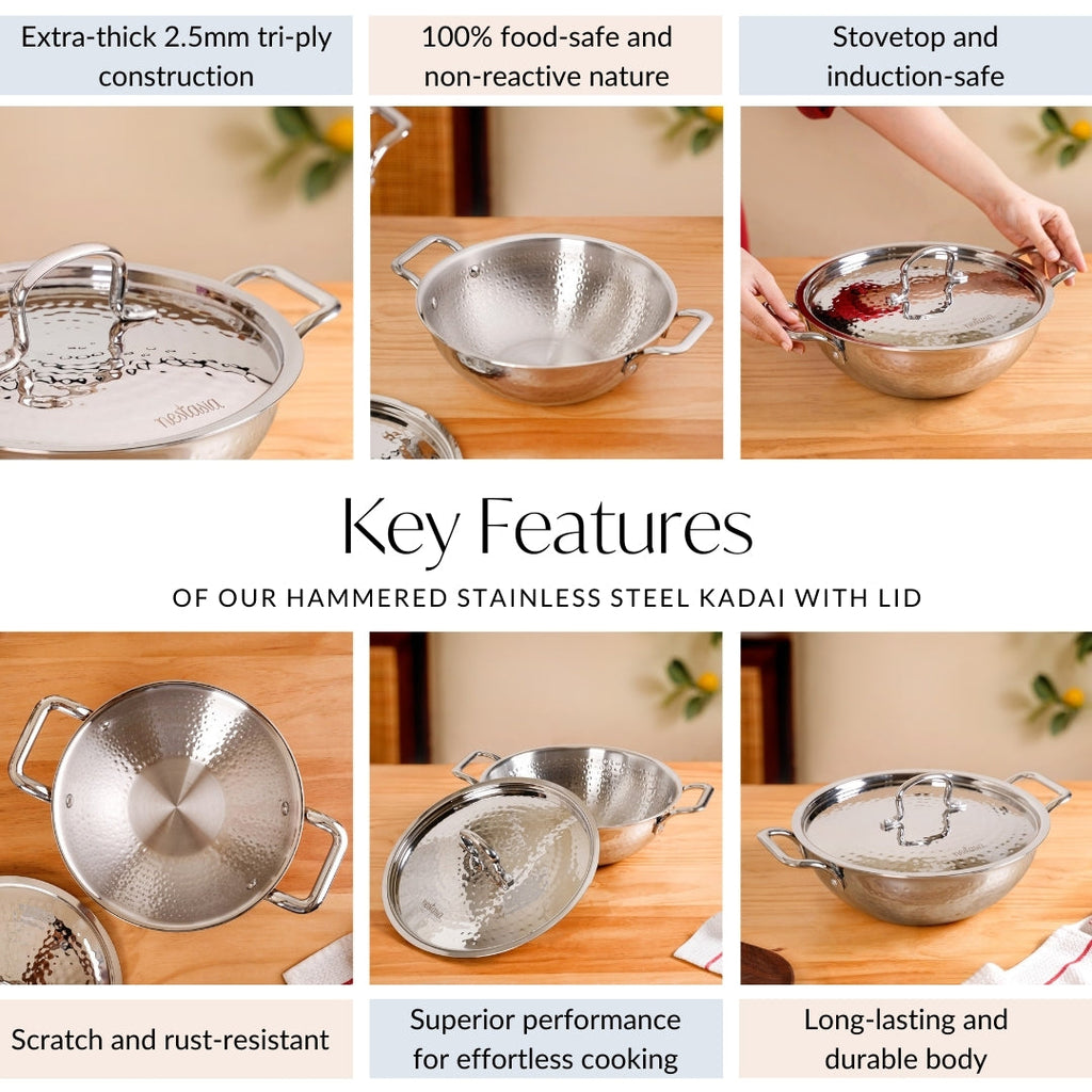 Hammered Stainless Steel Kadai With Lid Tri-Ply 3500ml