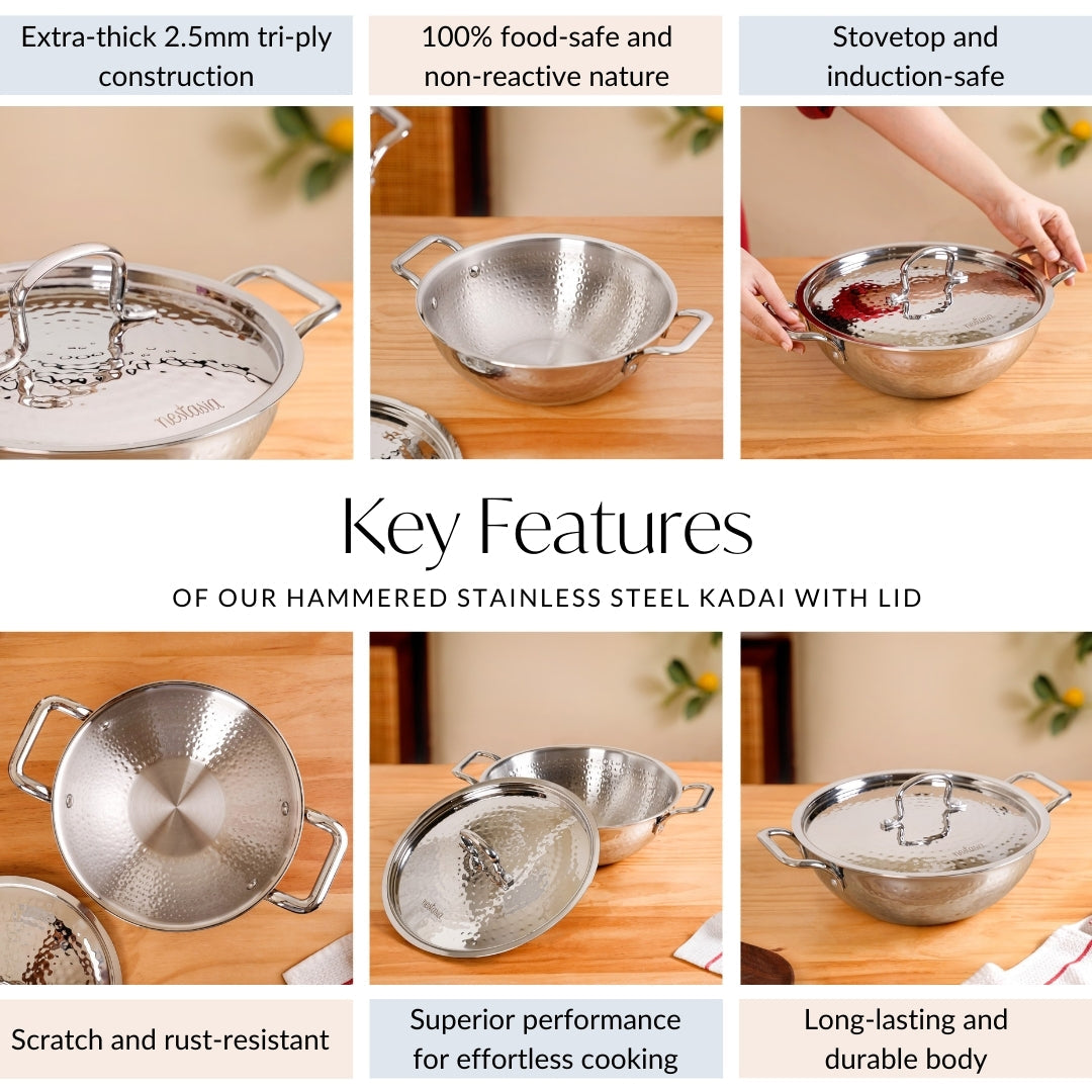 Hammered Stainless Steel Kadai With Lid Tri-Ply 3500ml
