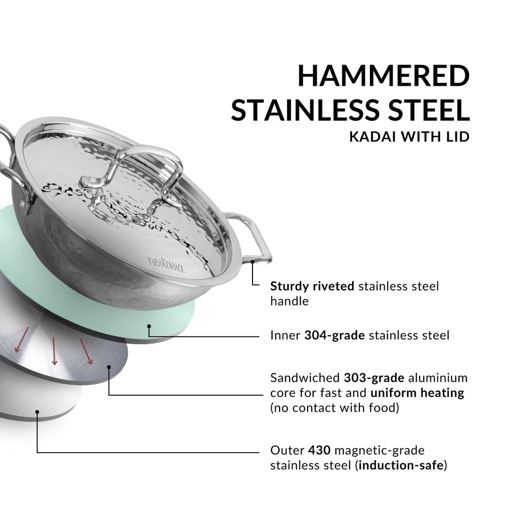 Hammered Stainless Steel Kadai With Lid Tri-Ply 3500ml