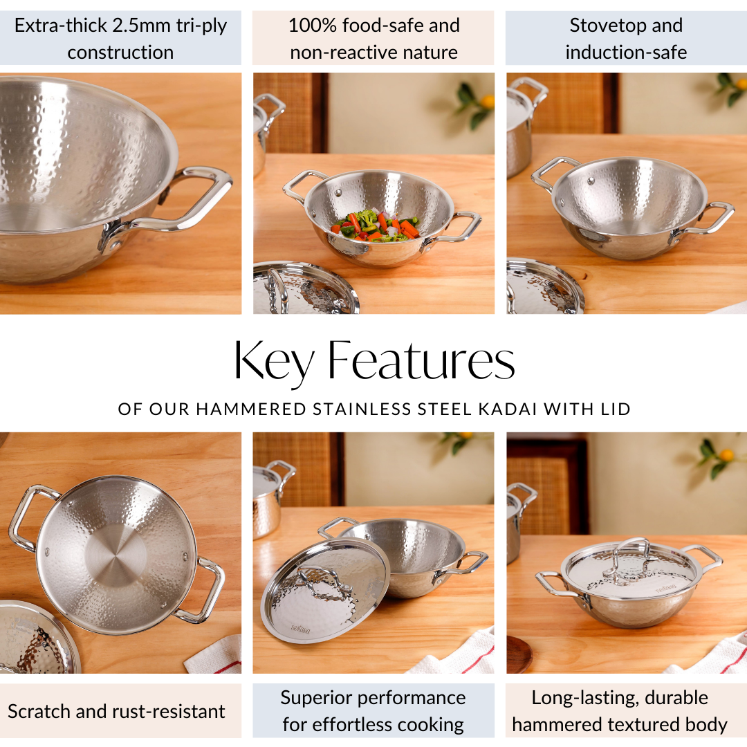 Hammered Tri Ply Induction Safe Stainless Steel Kadai With Lid 2250ml