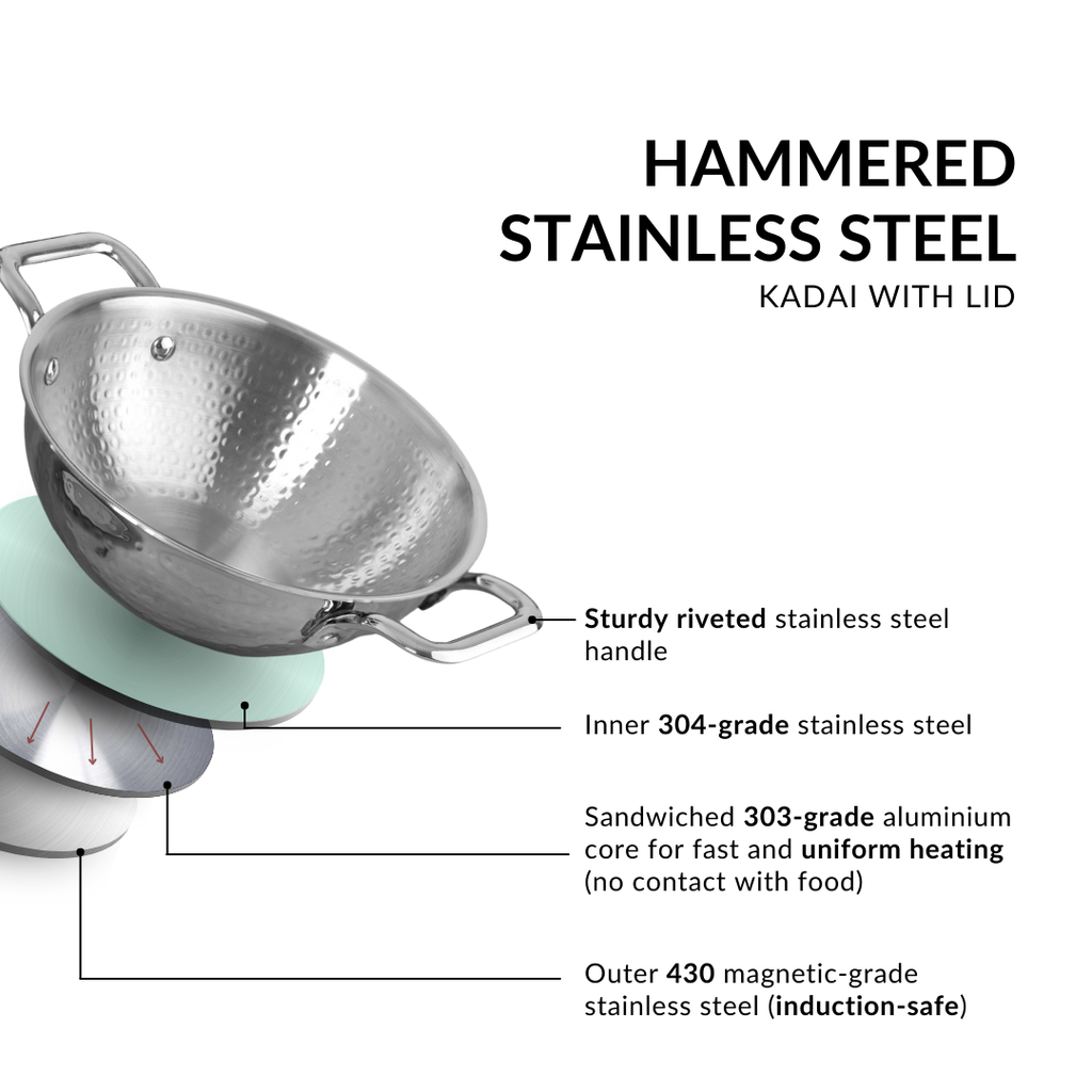 Hammered Tri Ply Induction Safe Stainless Steel Kadai With Lid 2250ml