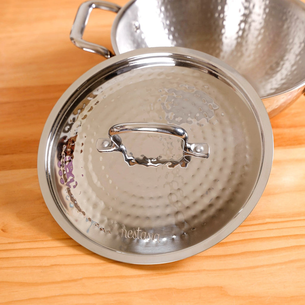 Hammered Tri Ply Induction Safe Stainless Steel Kadai With Lid 2250ml