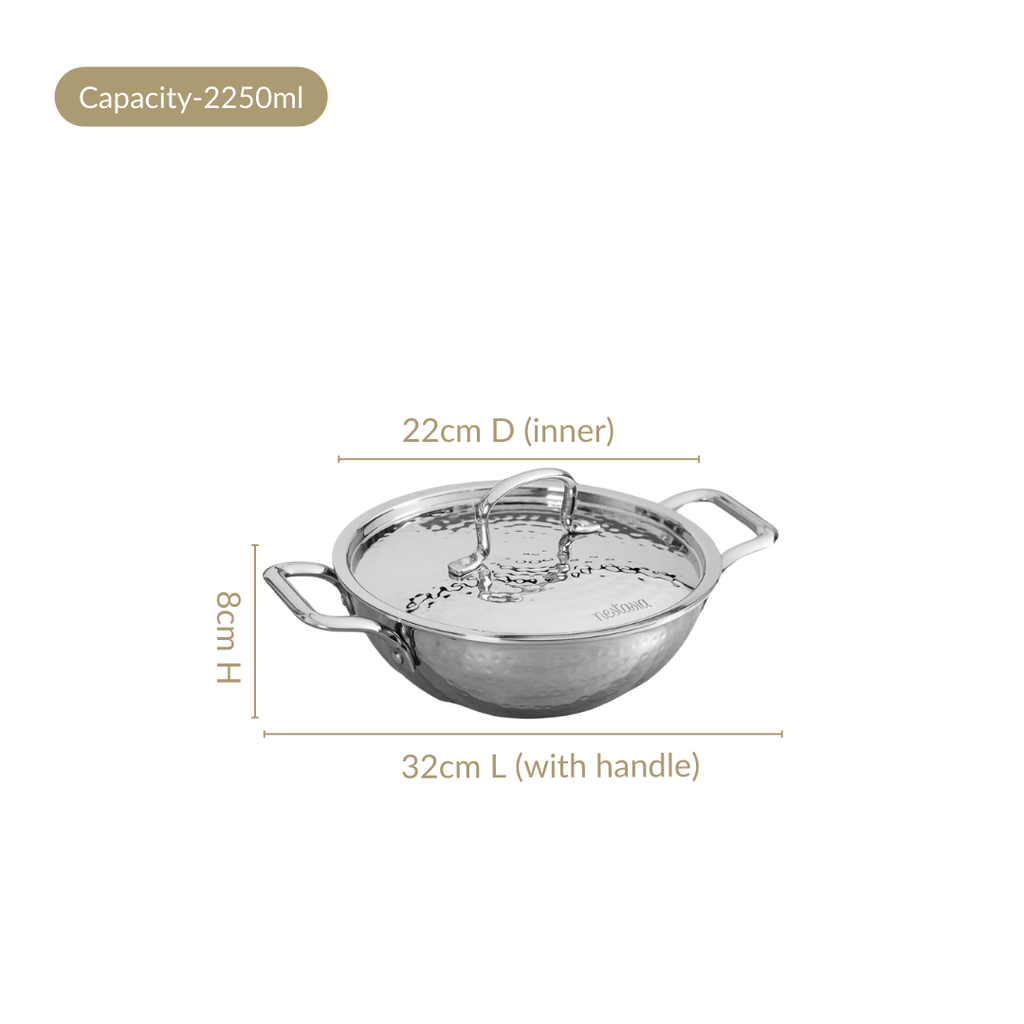 Hammered Tri Ply Induction Safe Stainless Steel Kadai With Lid 2250ml