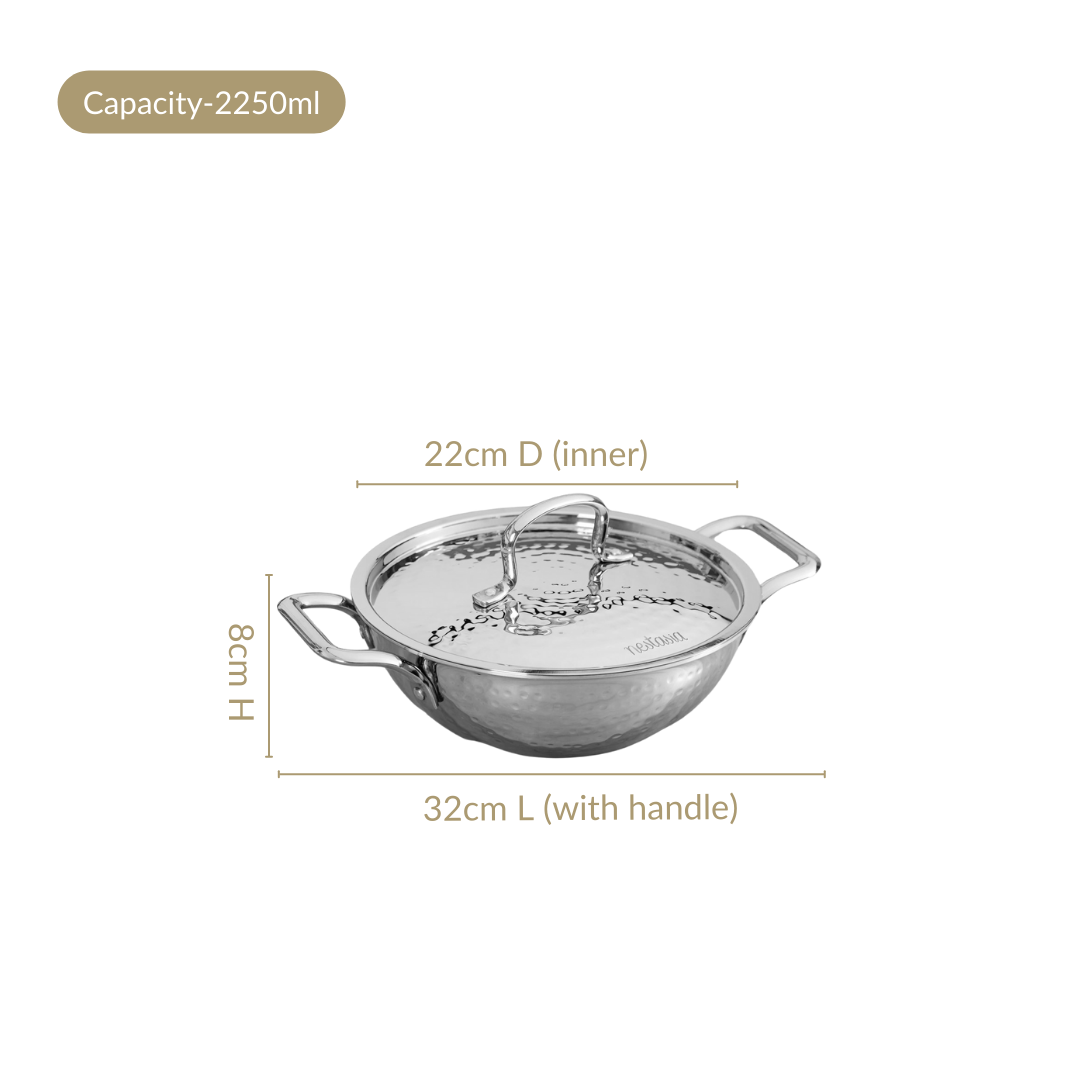 Hammered Tri Ply Induction Safe Stainless Steel Kadai With Lid 2250ml