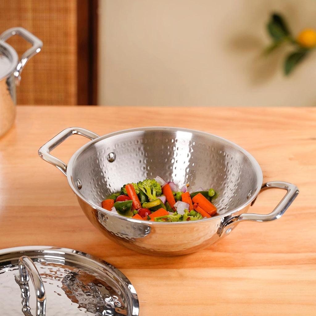 Hammered Tri Ply Induction Safe Stainless Steel Kadai With Lid 2250ml