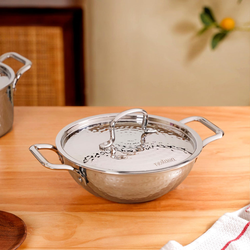Hammered Tri Ply Induction Safe Stainless Steel Kadai With Lid 2250ml