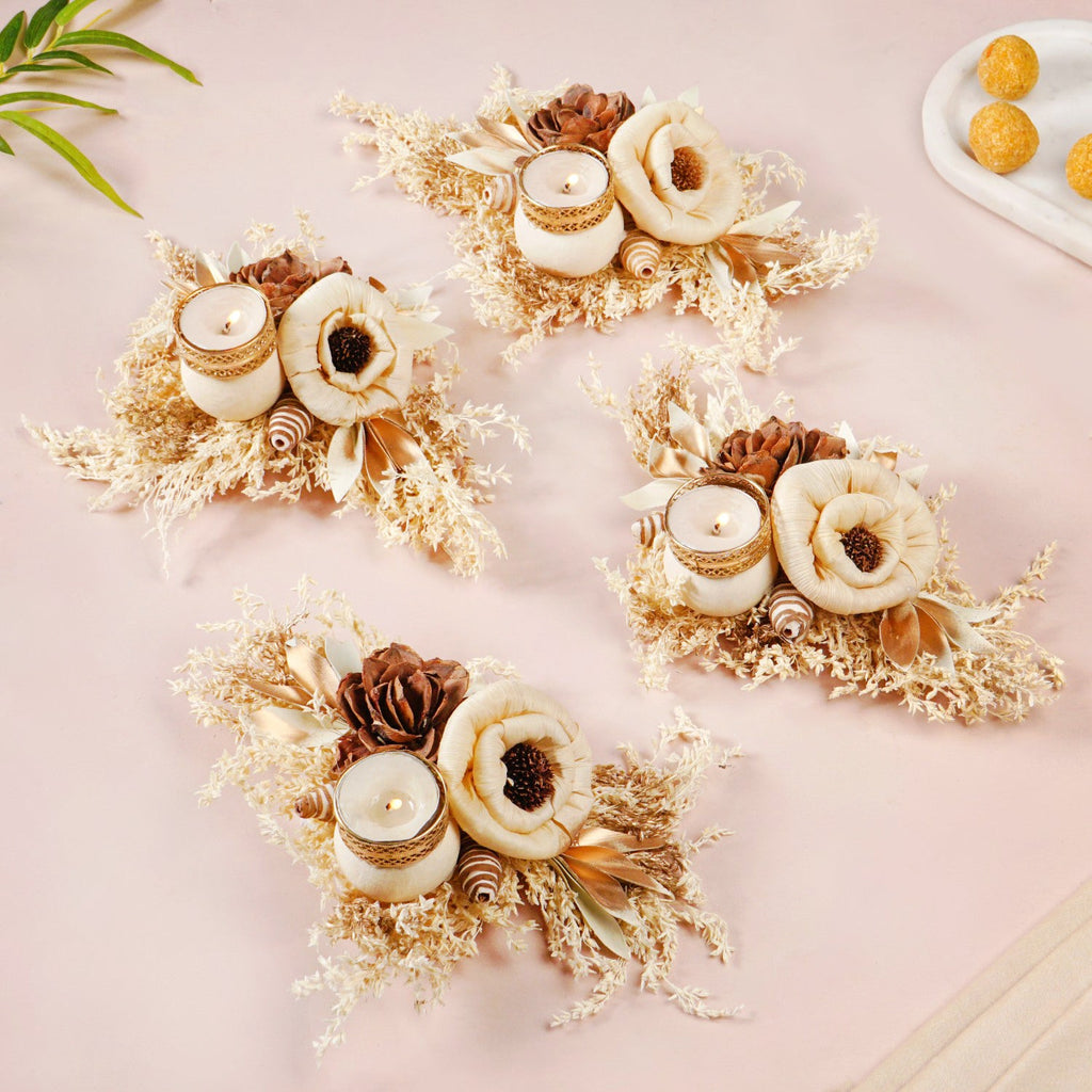 Natural Tealight Candle Holder Brown Set Of 4