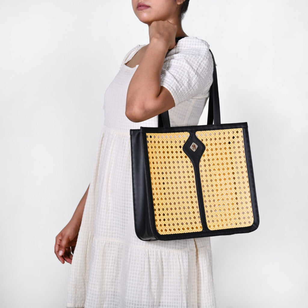 Classic Black Rattan Cane Webbing Tote Bag