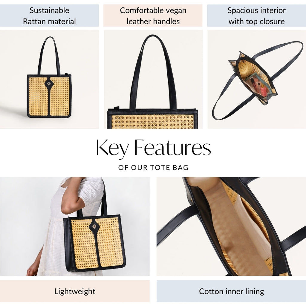 Classic Black Rattan Cane Webbing Tote Bag