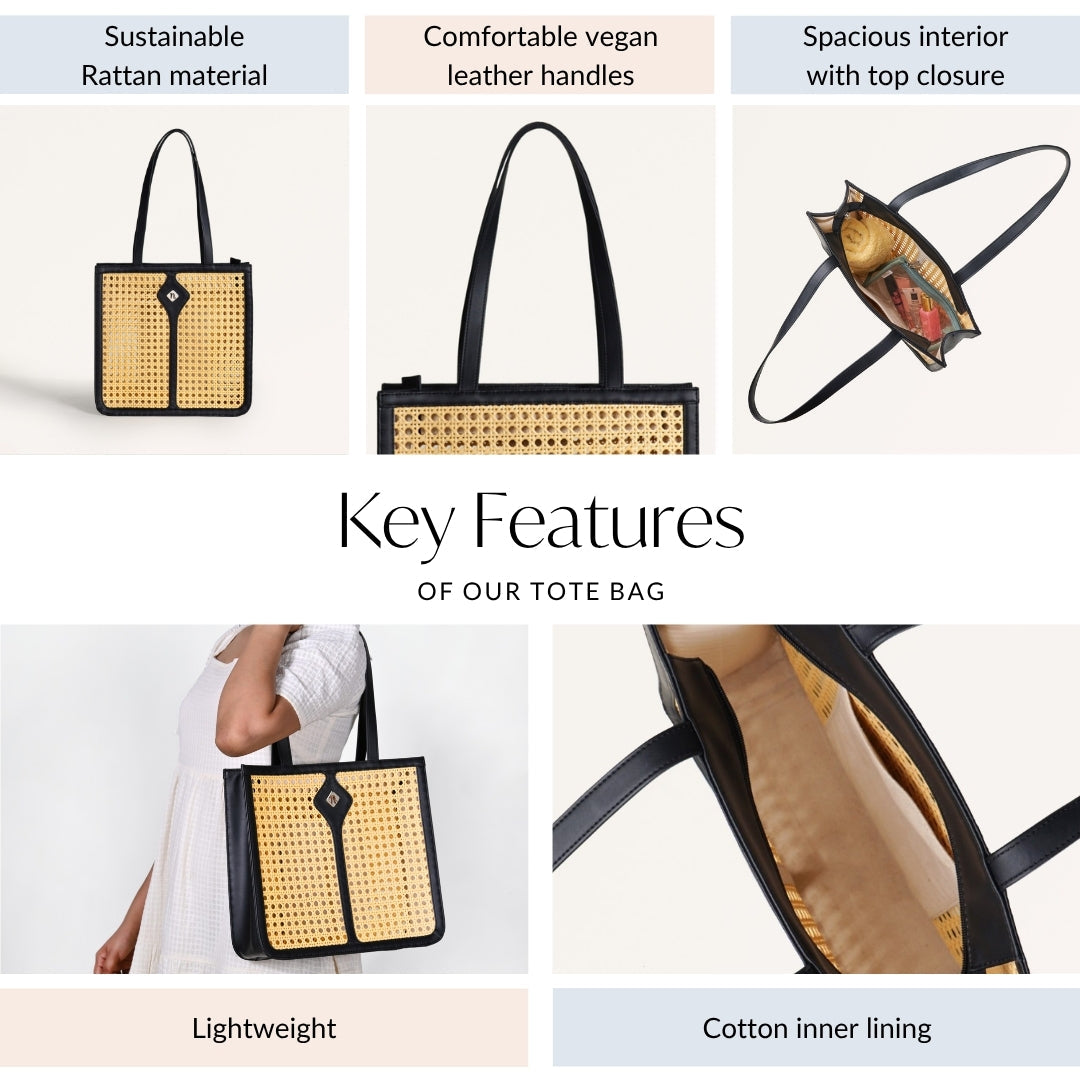 Classic Black Rattan Cane Webbing Tote Bag