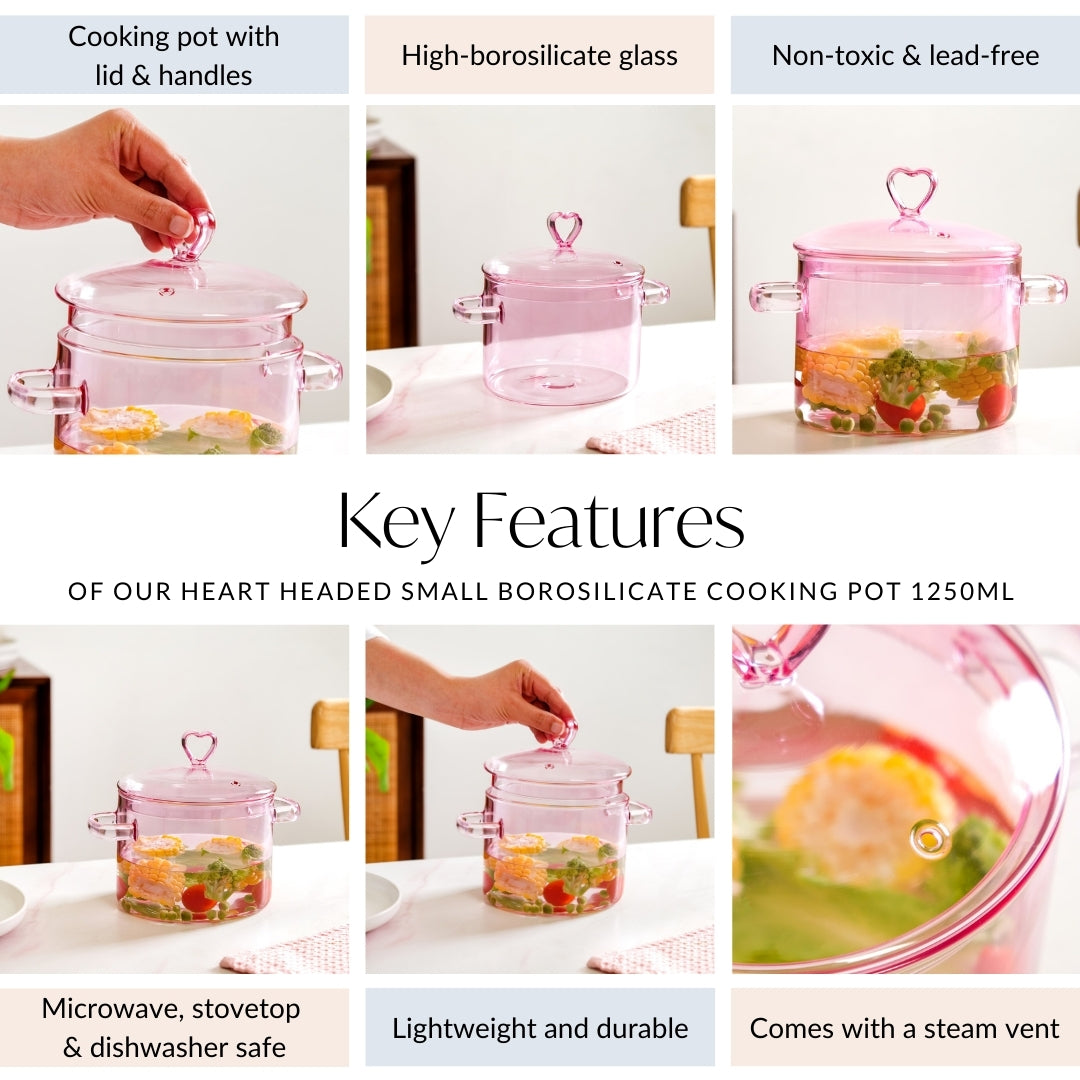 Love Pink Borosilicate Glass Cooking Pot 1250ml