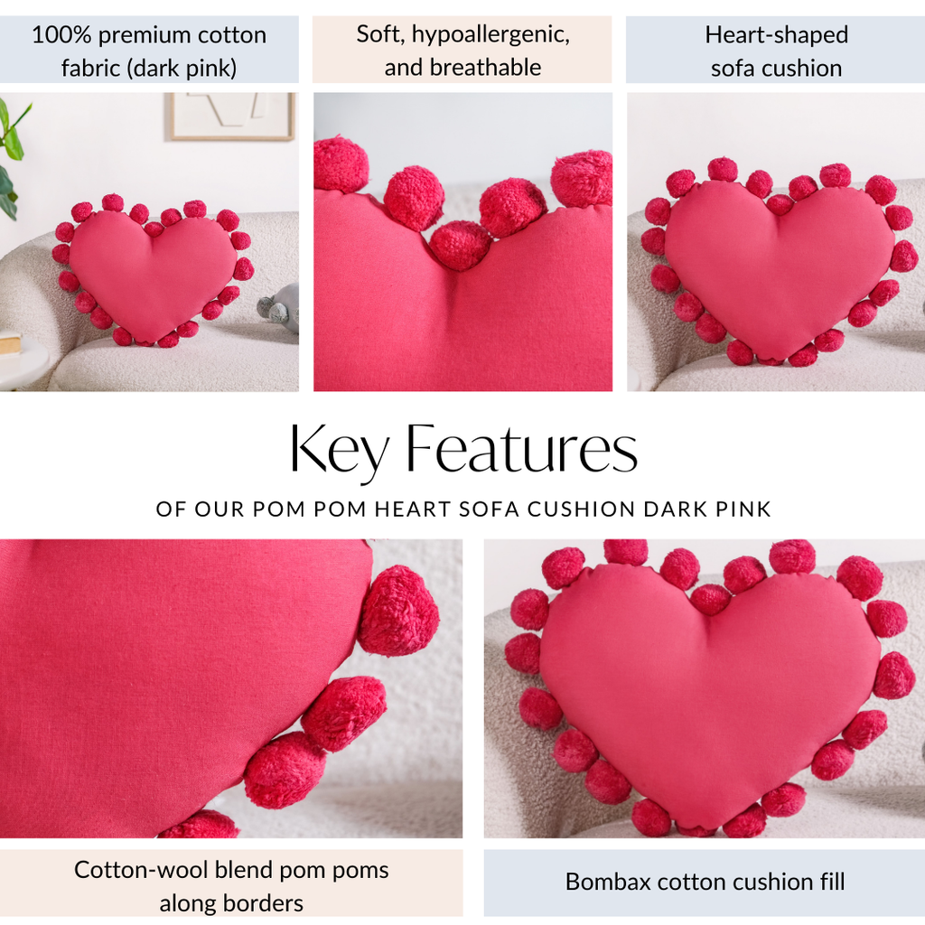 Pom Pom Heart Sofa Cushion Dark Pink 40x35cm