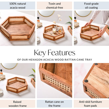 Hexagon Acacia Wood Rattan Cane Tray