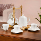 Hexagonal Minimalist White Tea Set With Wooden Stand