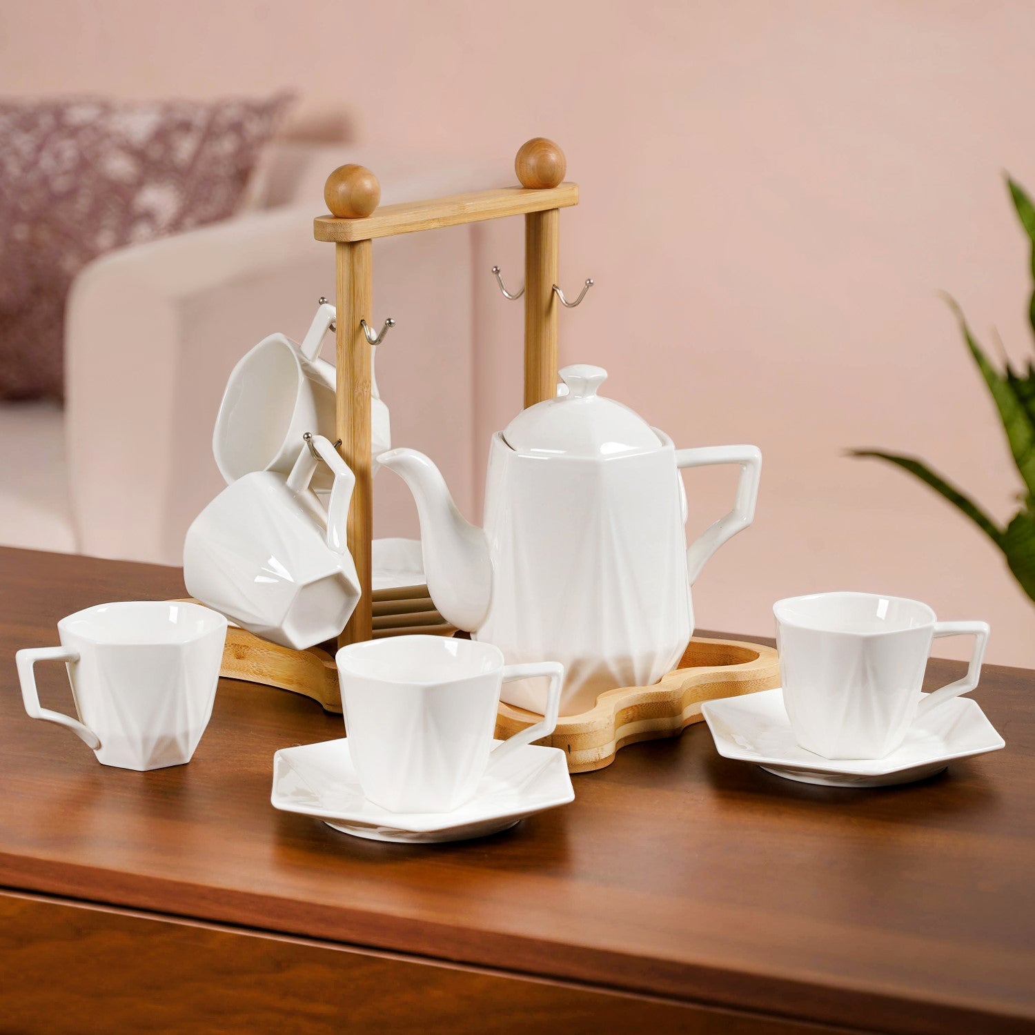 Hexagonal Minimalist White Tea Set With Wooden Stand