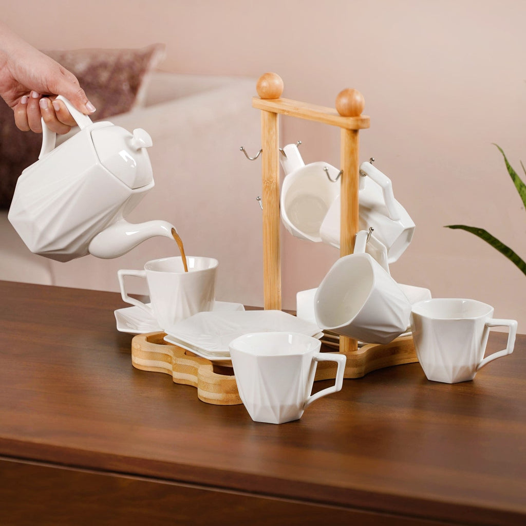 Hexagonal Minimalist White Tea Set With Wooden Stand