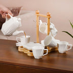 Hexagonal Minimalist White Tea Set With Wooden Stand