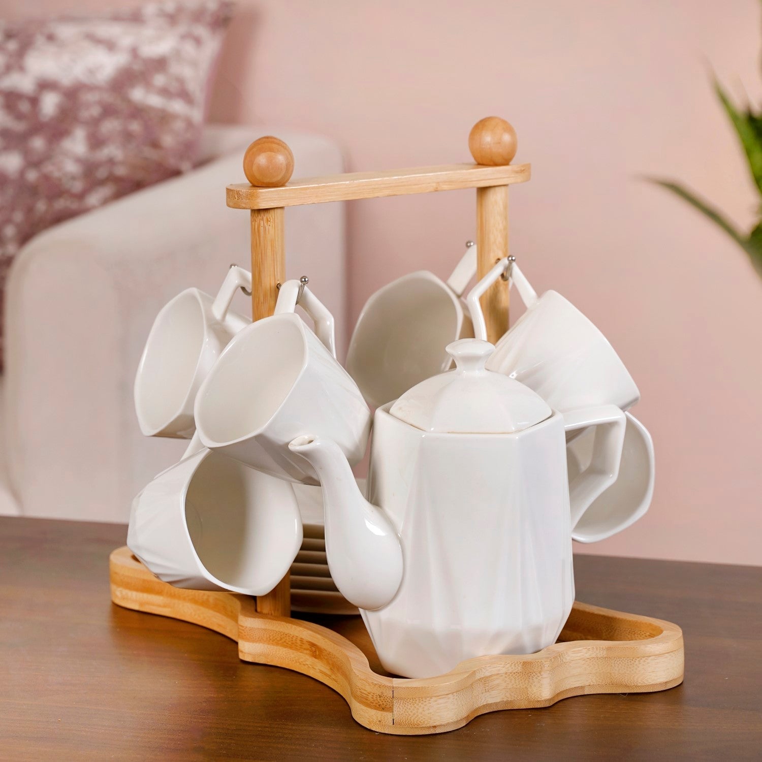 Hexagonal Minimalist White Tea Set With Wooden Stand