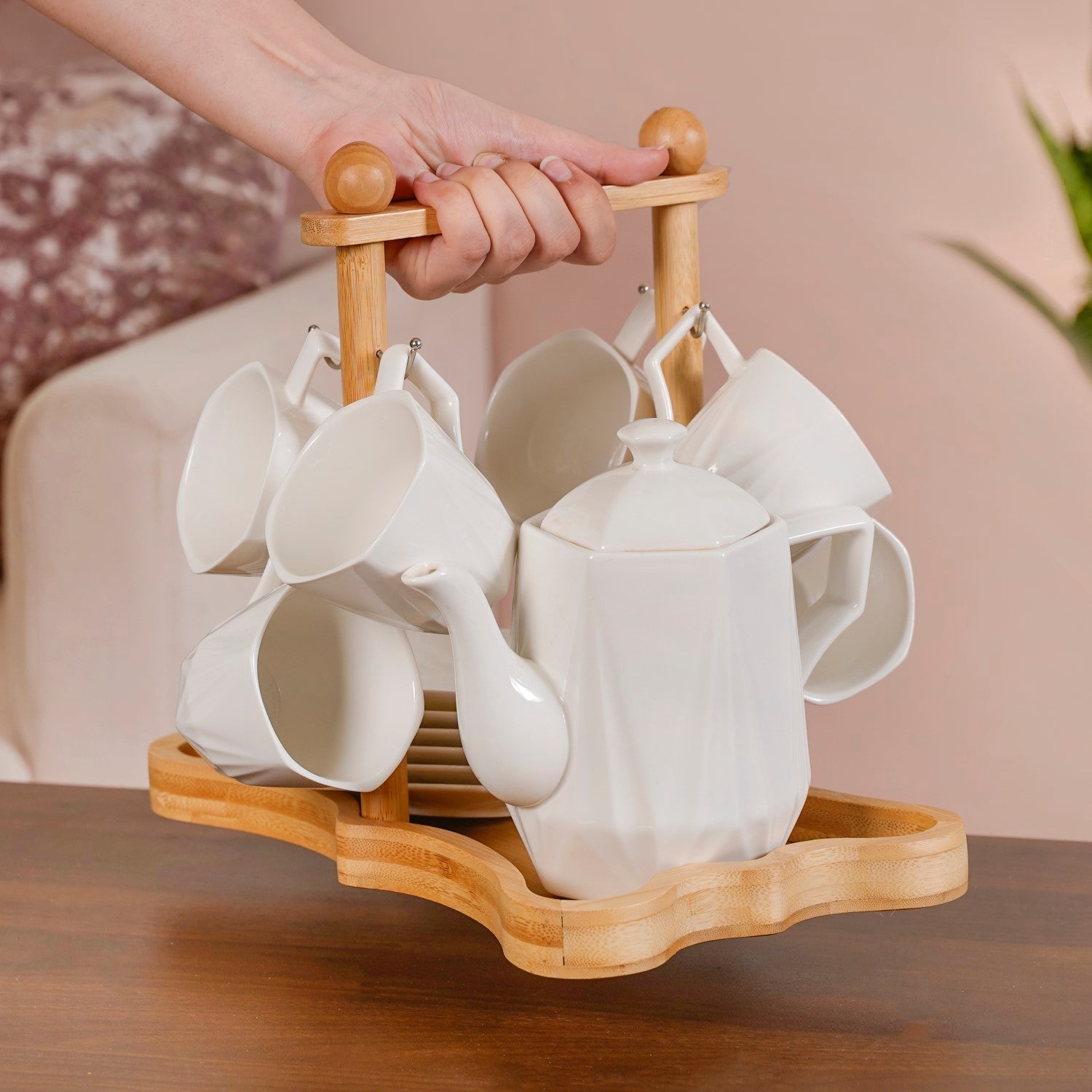 Hexagonal Minimalist White Tea Set With Wooden Stand