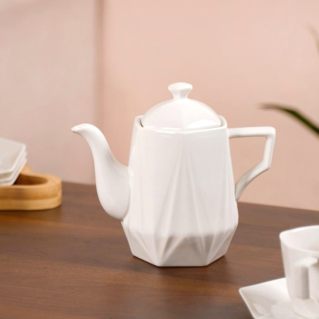Hexagonal Minimalist White Tea Set With Wooden Stand
