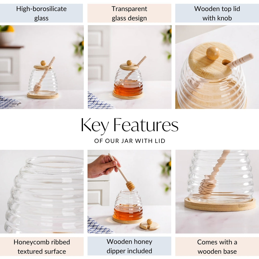 Hive Glass Honey Jar With Wooden Dipper Lid And Tray 480ml