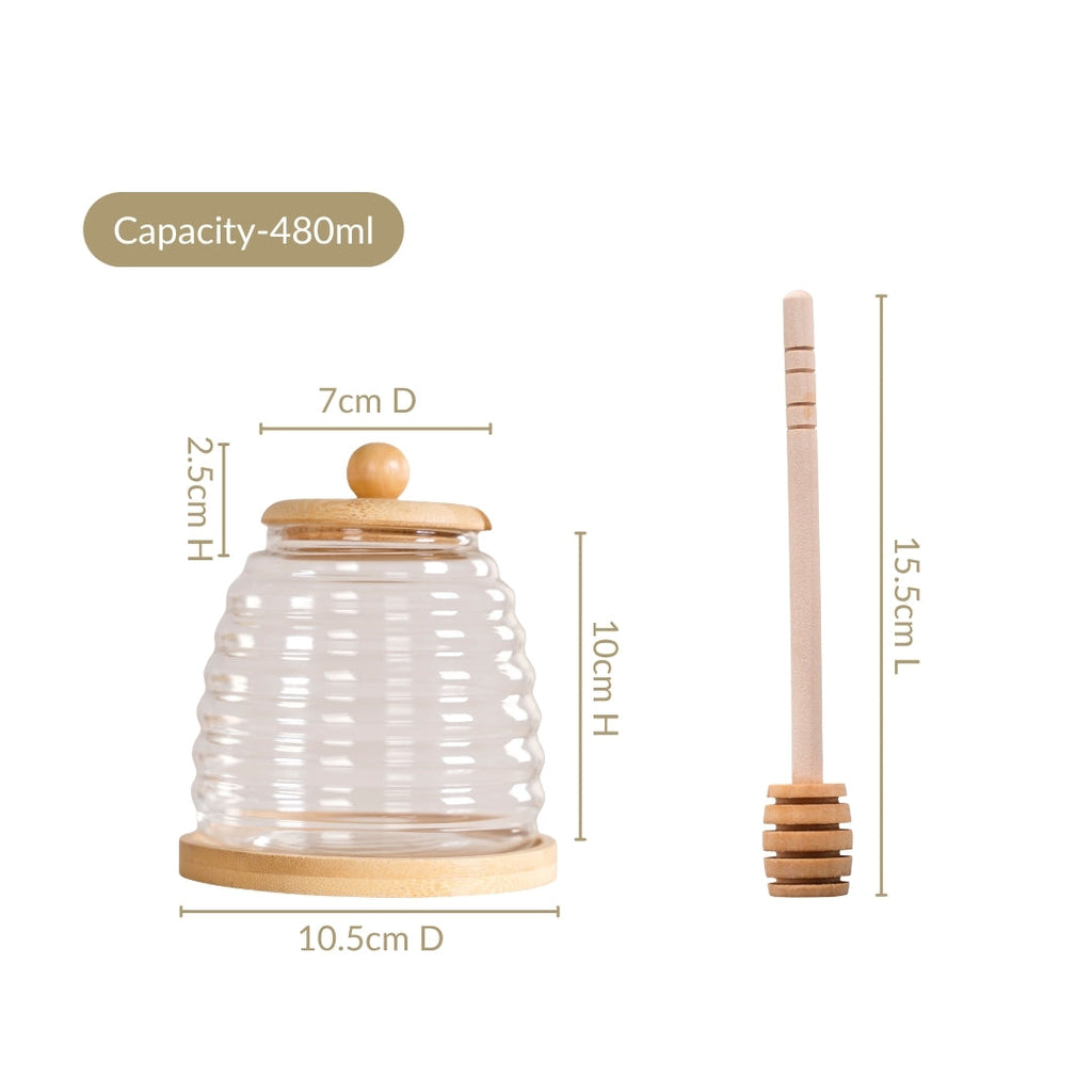 Hive Glass Honey Jar With Wooden Dipper Lid And Tray 480ml