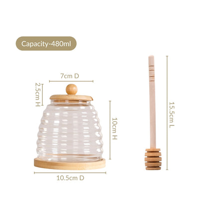 Hive Glass Honey Jar With Wooden Dipper Lid And Tray 480ml