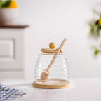 Hive Glass Honey Jar With Wooden Dipper Lid And Tray 480ml